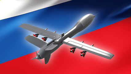 UAV Russia army. Impact Drone in front of flag Russian Federation. UAV technology in Russia. UAV equipped with missiles. Combat Drone for military operations. Attack unmanned aerial vehicle. 3d image