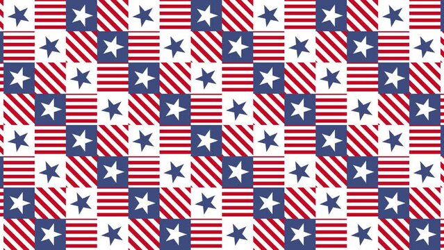 Animated stars and stripes in various colors. Trendy animated seamless loop with a patriotic theme. For Celebration backdrops, use simple animation