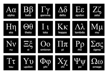 Greek Alphabet and Symbols (Useful for Education and Schools), vector illustration. They are archaic Greek alphabets used before and after Christ but in the past. Eps vector  - obrazy, fototapety, plakaty