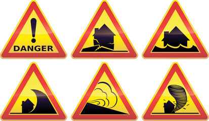Collection of temporary natural disasters hazard yellow red and black triangular sign with the symbols of danger, earthquake, tsunami, flood and tornado (metal reflection)