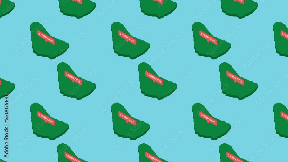 Aufkleber green isometric maps of country barbados with orange pointer on a blue background. seamless loop hor