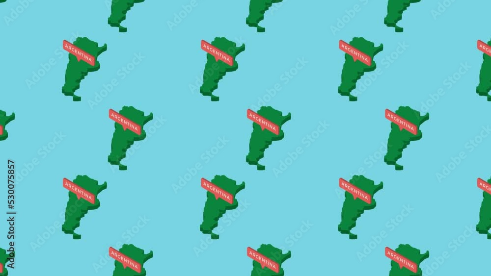 Aufkleber green isometric maps of country argentina with orange pointer on a blue background. seamless loop ho