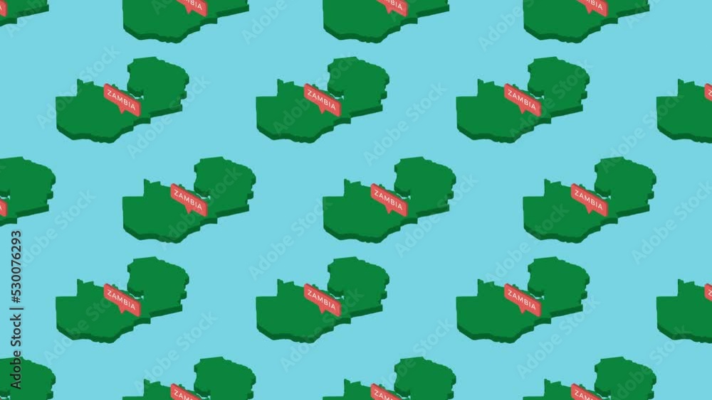 Aufkleber green isometric maps of country zambia with orange pointer on a blue background. seamless loop horiz