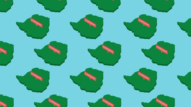 Green isometric maps of country Zimbabwe with orange pointer on a blue background. Seamless loop horizontal movement of fake 3d geographic map concept