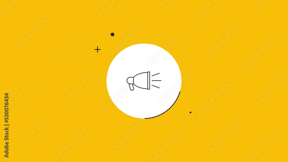 Aufkleber megaphone icon in white circle on a yellow background. seamless loop dynamic symbol rolling in the c