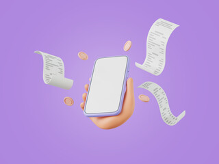 3D cartoon hand holding smartphone with bill payment, business finance and online shopping concept, 3D render illustration
