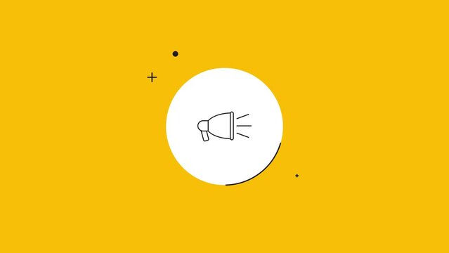 Megaphone icon in white circle on a yellow background. Seamless loop dynamic symbol rolling in the center