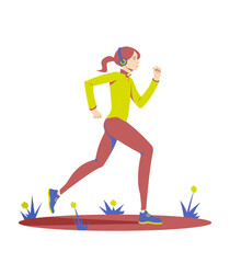Vector illustration print with a sporty girl running on a jog in a red and yellow tracksuit and with headphones