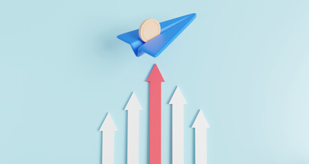 Fototapeta premium 3D growth business statistics finance chart graph analytics Optimization development investment. Blue paper airplane with coin target growth Growing future startup concept. 3d render illustration