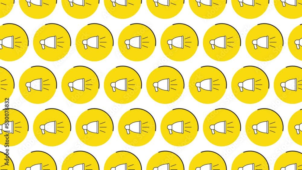 Aufkleber loudspeaker symbols in yellow circles on a white background. seamless loop dynamic pattern with regu