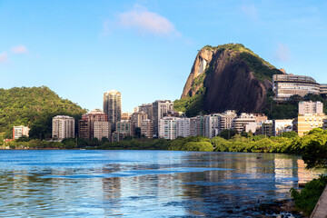 Rio de Janeiro, Brazil. Panoramic view of Ipanema neighborhood and Cantagalo hill. View from the Rodrigo de Freitas lagoon. © AlexPhotoStock