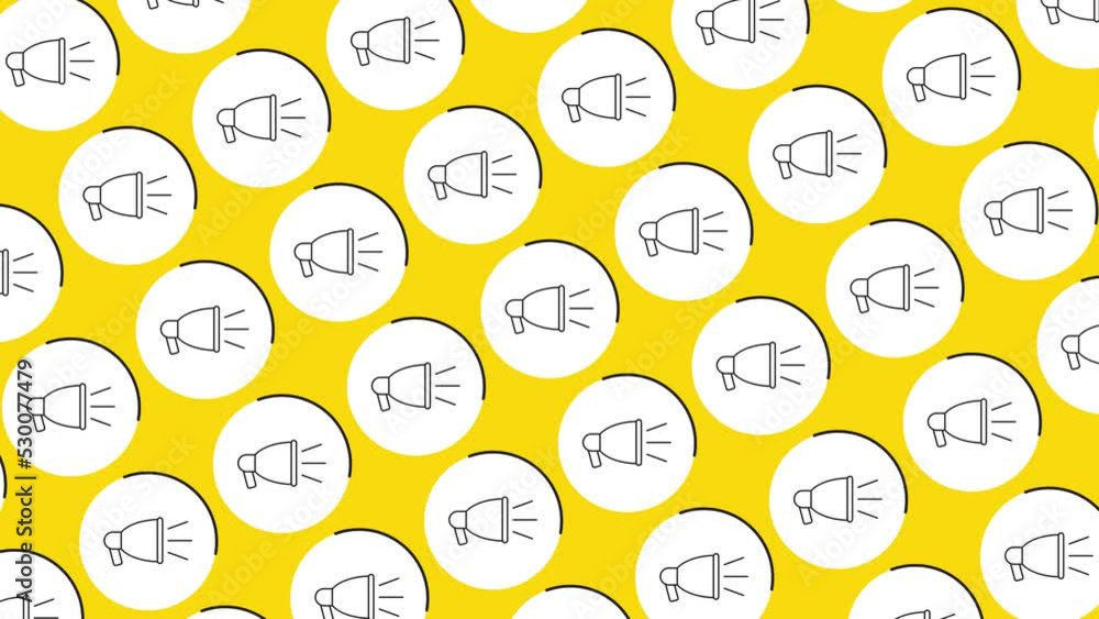 Aufkleber megaphone symbols on a yellow background. seamless loop animated pattern with regular symbols rotati