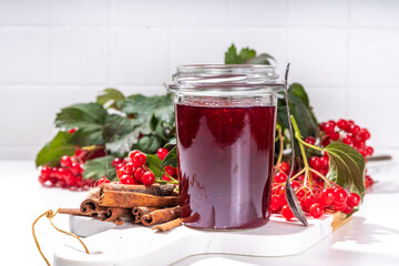 Autumn jam recipe, conservation and harvest season. Homemade red jam from organic viburnum berries, with fresh berries on twigs and cinnamon