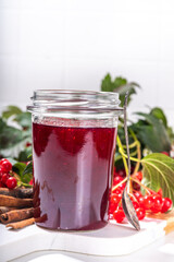 Autumn jam recipe, conservation and harvest season. Homemade red jam from organic viburnum berries, with fresh berries on twigs and cinnamon