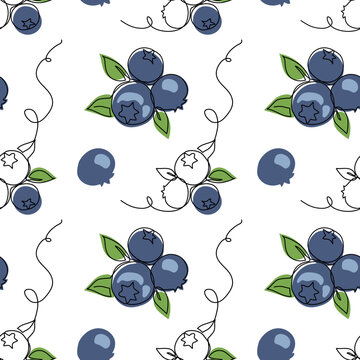 Blueberry,bilberry vector pattern. One continuous line art drawing of blueberry pattern