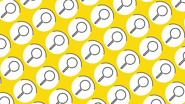 Thin line magnifying glass symbols on a yellow background. Seamless loop dynamic pattern with regular symbols rotating around