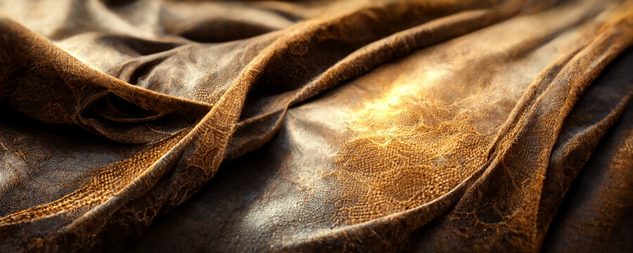 Brown Leather Pattern Textile. Middle East Fabric Drape. Abstract Closeup Texture. CGI Render.