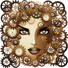 Steampunk meisje mooi gezicht Retro portret samengesteld door klokken, kettingen, tandwielen, uurwerk illustratie geïsoleerd op transparante achtergrond