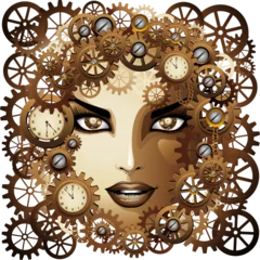 Abwaschbare Fototapete Zeichnung Steampunk Girl Beautiful Face Retro Portrait bestehend aus Uhren, Ketten, Zahnrädern, Uhrwerkillustration einzeln auf transparentem Hintergrund