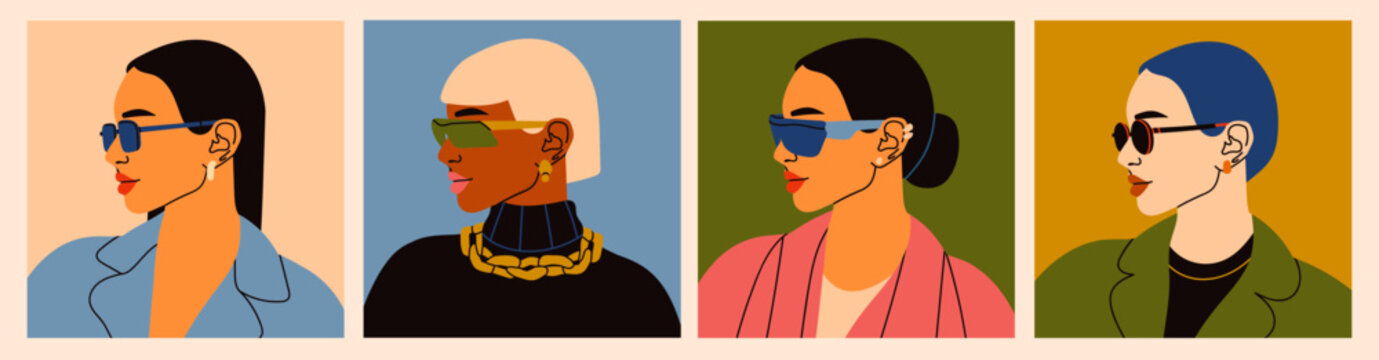 Set of beautiful Women in various sunglasses. Different clothes. Closeup square portraits of cute young ladies. Hand drawn modern Vector illustration. Every lady is isolated. Fashion, style concept