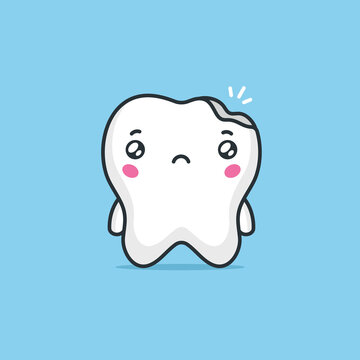 Tooth Kawaii Mascot Character With Cavity. Dental Care Concept Vector Cartoon Illustration