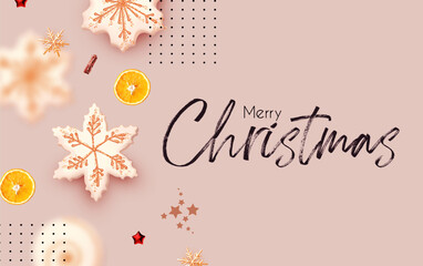 Christmas design template with cookies and orange slices. Tasty winter space.