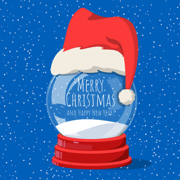 Christmas snowglobe with Santa Claus hat. Vector illustration of an empty snowglobe. Snowdrift, Christmas and New Year decoration. Holiday design element.