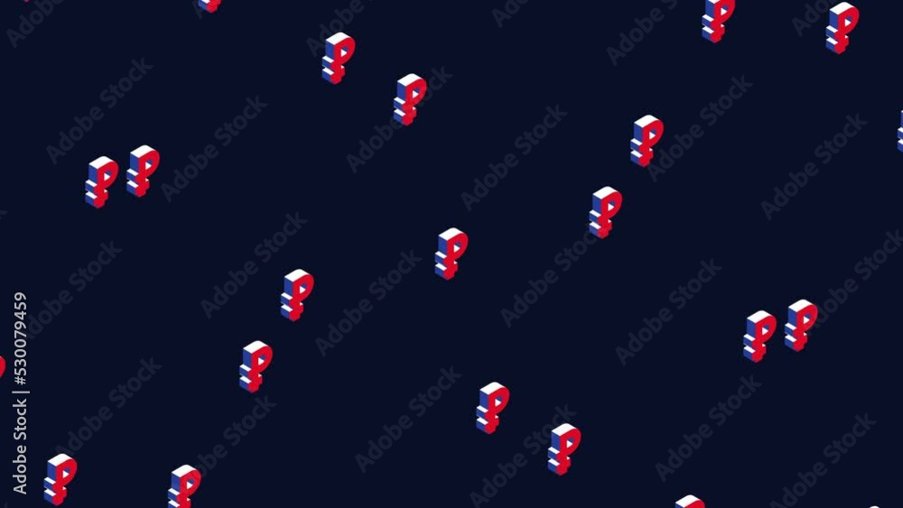 Poster abstract isometric symbols of russian currency ruble floating on a dark background. simple seamless 