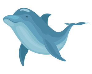 Dolphin cartoon character. Ocean mammal in motion isolated on white. Vector illustration of sea life blue fish or wild nature animal