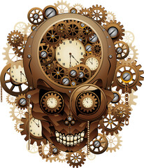 Steampunk Skull Creepy Vintage Retro Style Machine bestehend aus Uhren, Ketten, Zahnrädern, Uhrwerkillustration einzeln auf transparentem Hintergrund copyright BluedarkArt TheChameleonArt.