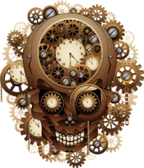 Abwaschbare Fototapete Zeichnung Steampunk Skull Creepy Vintage Retro Style Machine bestehend aus Uhren, Ketten, Zahnrädern, Uhrwerkillustration einzeln auf transparentem Hintergrund copyright BluedarkArt TheChameleonArt.