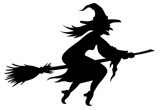 Flying Witch silhouette. Halloween sticker. Cartoon illustration