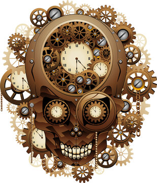 Steampunk Skull Creepy Vintage Retro Style Machine composed by Clocks, chains, gears, clockwork illustration isolated on transparent background copyright BluedarkArt TheChameleonArt.
