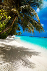 Landscape on Maldives island, luxury water villas resort and sandy beach. Beautiful sky and ocean...