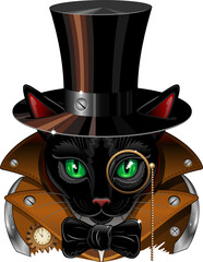 Retro-surreales Porträt der Steampunk-Katze mit Monokel- und Zylinderillustration lokalisiert auf transparentem Hintergrund