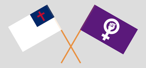 Crossed flags of christianity and Feminism. Official colors. Correct proportion