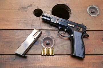 Firearms, pistol and 9mm cartridges.