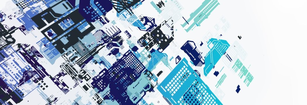 Futuristic electronics processor or IC circuit pattern exploded illustration. Abstract sci-fi hi-tech equipment or facility background. 3D Illustration.