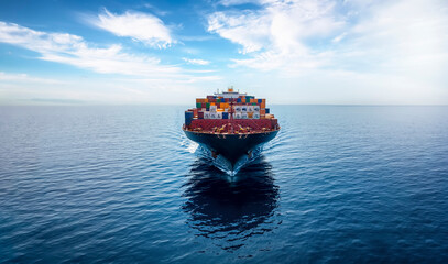 Front view of a big container cargo ship travelling over the ocean with copy space - obrazy, fototapety, plakaty
