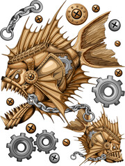 Steampunk Piranha Deadly Retro Machine omringd door bouten, kettingen en tandwielen, illustratie geïsoleerd op transparante achtergrond
