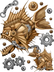 Fotobehang Draw Steampunk Piranha Deadly Retro Machine omringd door bouten, kettingen en tandwielen, illustratie geïsoleerd op transparante achtergrond