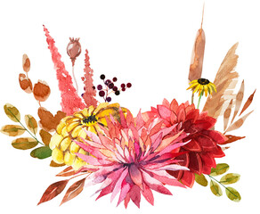 Watercolor clipart with autumn flowers and dried plants. 