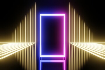 Metaverse digital cyber concept abstract background. 3d rendering futuristic square neon light with gold light line reflection