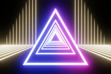 Metaverse digital cyber concept abstract background. 3d rendering futuristic triangle neon light with gold light line