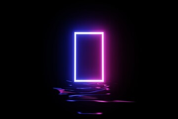 Square neon light water surface reflection abstract background. 3d rendering futuristic metaverse digital cyber concept
