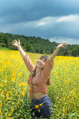 Naklejka premium Happy Woman Life Style, Smiling Girl Raised Open Arms, Active Outdoor Relax in Nature