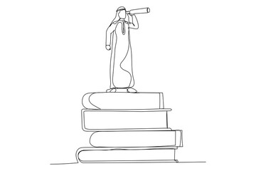 Illustration of arab businessman on books stack using telescope for good vision. Knowledge or education for personal improvement concept. One line art style