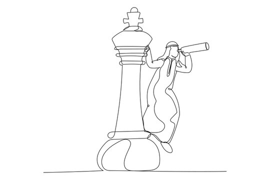 recommend clip art: Cartoon of arab business man leader on king chess piece using telescope to see business strategy. Business planning decision making concept. Single continuous line art style