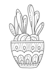 Hand drawn coloring page for kids and adults. Onion growing in a pot. Beautiful drawing with patterns and small details. Positive Coloring book pictures with blooming flowers, gardening