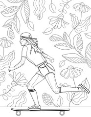 Girl Power. Feminine beauty. Hand drawing coloring for kids and adults. Coloring picture with beautiful girl, nature landscape. Happy skater life, attractive young woman. Active lifestyle